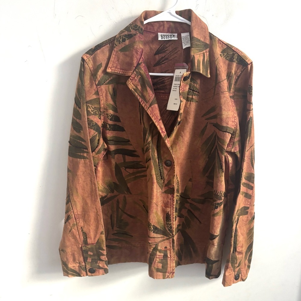 Vintage Chico's Design Jacket Womens Denim M Palm Leaf Beaded Embroidered Rust